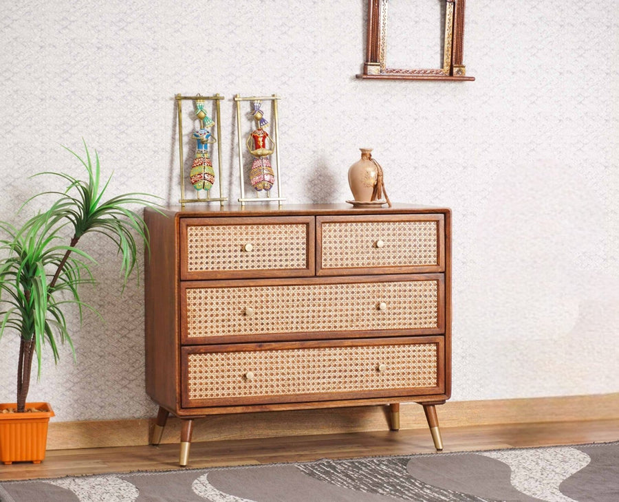 Boston Solid Wood Rattan Cane Chest of Drawer Four Drawer Furniselan-Brown-Finish