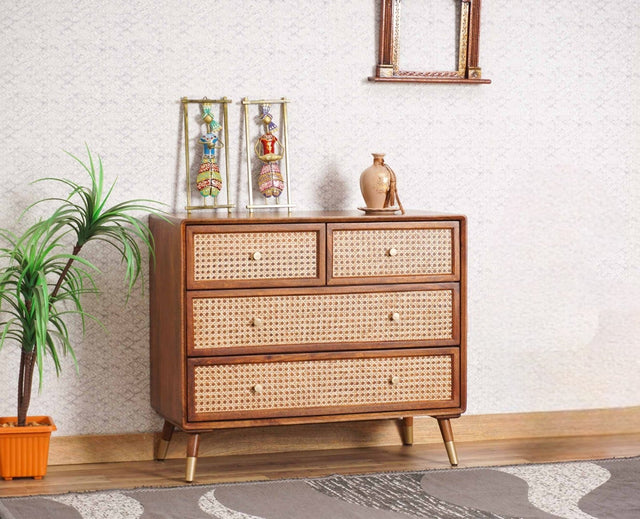 Boston Solid Wood Rattan Cane Chest of Drawer Four Drawer Furniselan-Brown-Finish