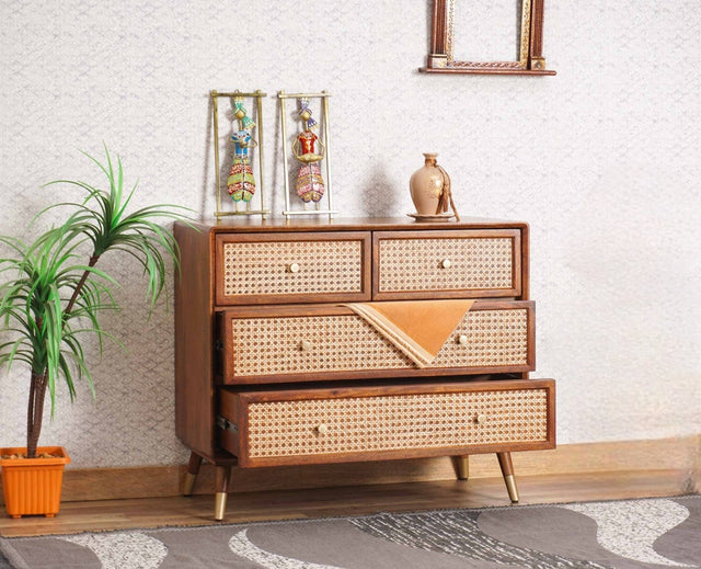 Boston Solid Wood Rattan Cane Chest of Drawer Four Drawer Furniselan-Brown-Finish