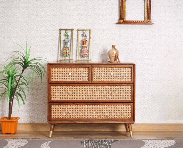 Boston Solid Wood Rattan Cane Chest of Drawer Four Drawer Furniselan-Brown-Finish