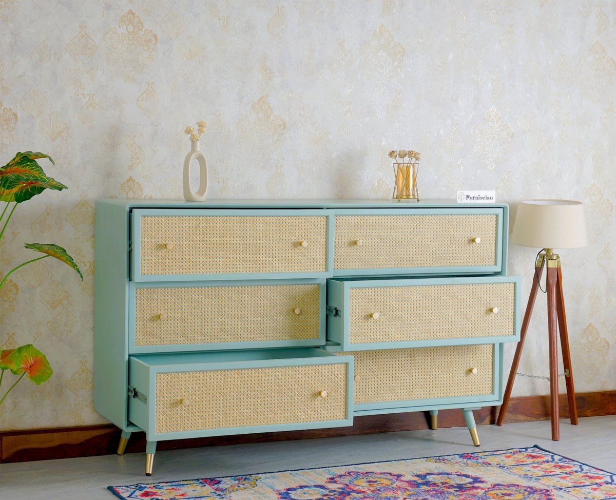 Boston Solid Wood Rattan Cane Chest of Drawer Six Drawer Dressing Ches