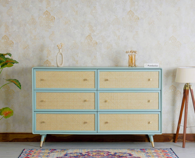 Boston Solid Wood Rattan Cane Chest of Drawer Six Drawer Dressing Chester - Chest of Drawer - Furniselan - Silt-Green