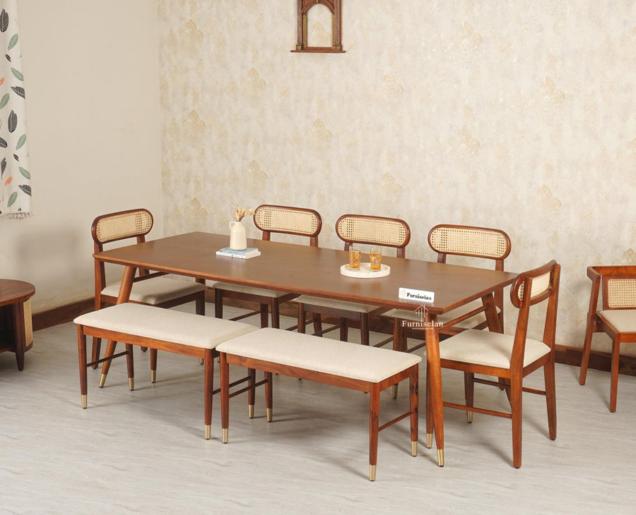 Boston Solid Wood Rattan Cane Dining Table Eight Seater Set with Bench Furniselan Brown Finish