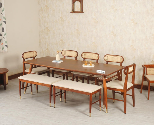 Boston Solid Wood Rattan Cane Dining Table Eight Seater Set with Bench Furniselan Brown Finish