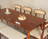 Boston Solid Wood Rattan Cane Dining Table Eight Seater Set with Bench Furniselan Brown Finish