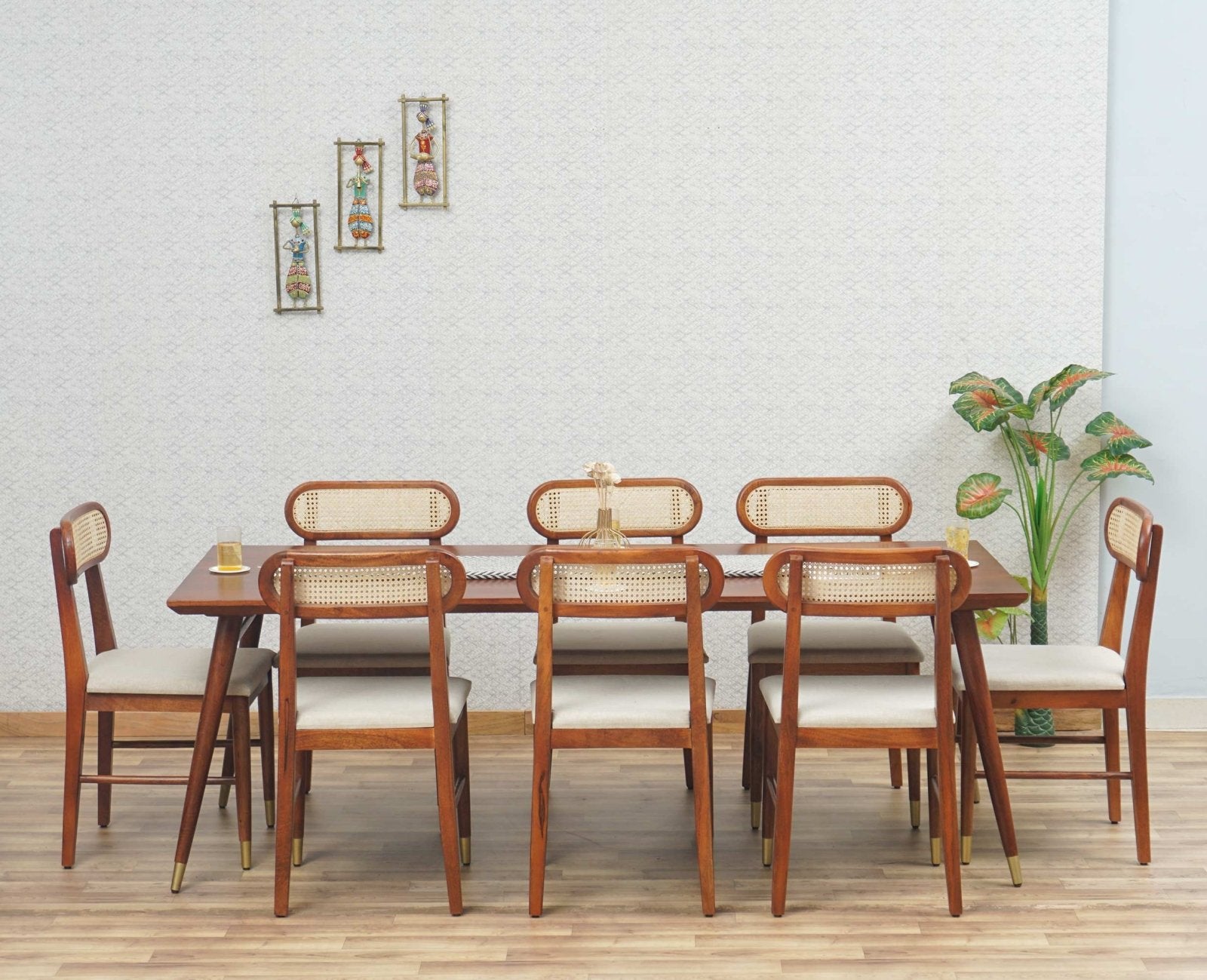Boston Solid Wood Rattan Cane Dining Table Eight Seater Set Furniselan Brown-Finish