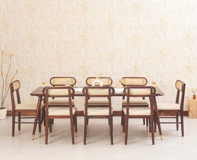 Boston Solid Wood Rattan Cane Dining Table Eight Seater Set - Dining Set - Furniselan Grey-Finish