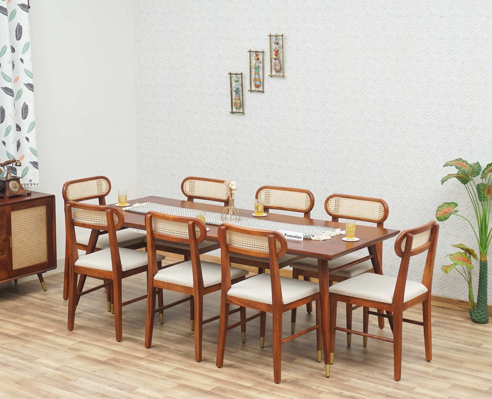 Boston Solid Wood Rattan Cane Dining Table Eight Seater Set Furniselan Brown-Finish