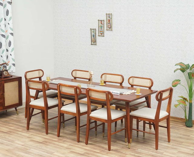 Boston Solid Wood Rattan Cane Dining Table Eight Seater Set Furniselan Brown-Finish