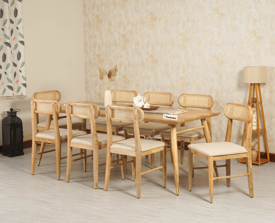 Boston Solid Wood Rattan Cane Dining Table Eight Seater Set - Dining Set - Furniselan -Natural Finish