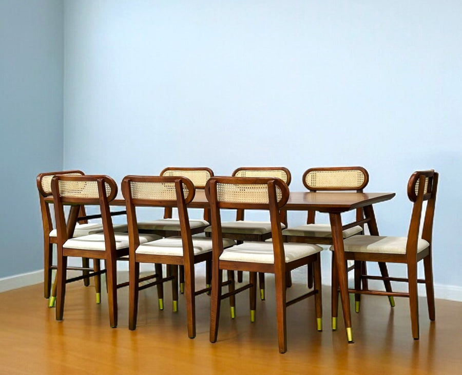 Boston Solid Wood Rattan Cane Dining Table Eight Seater Set Furniselan Brown-Finish
