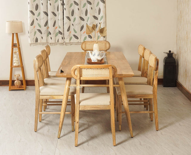 Boston Solid Wood Rattan Cane Dining Table Eight Seater Set - Dining Set - Furniselan -Natural Finish