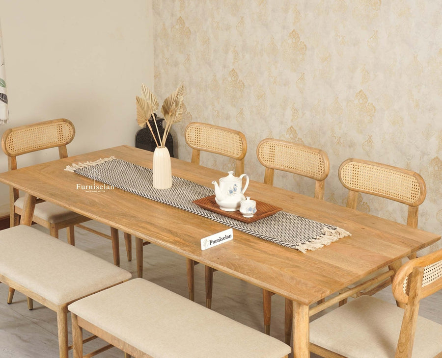 Boston Solid Wood Rattan Cane Dining Table Eight Seater Set with Bench - Dining Set - Furniselan Natural Finish
