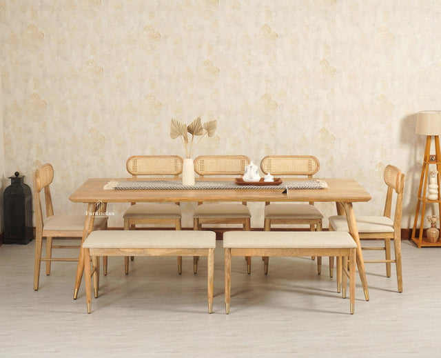 Boston Solid Wood Rattan Cane Dining Table Eight Seater Set with Bench - Dining Set - Furniselan Natural Finish