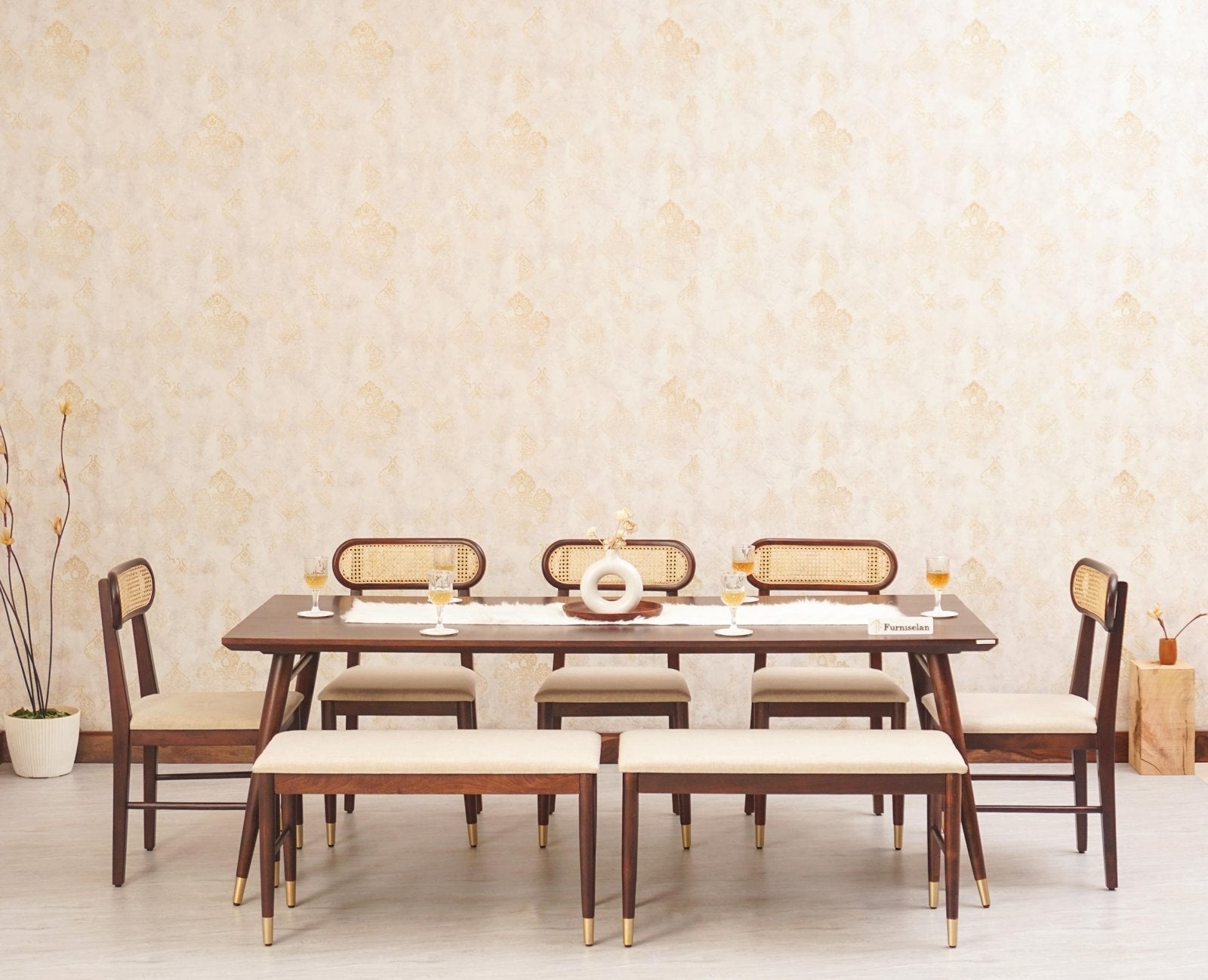 Boston Solid Wood Rattan Cane Dining Table Eight Seater Set with Bench - Dining Set - Furniselan Grey-Finish