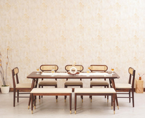 Boston Solid Wood Rattan Cane Dining Table Eight Seater Set with Bench