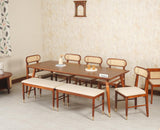 Boston Solid Wood Rattan Cane Dining Table Eight Seater Set with Bench Furniselan Brown Finish