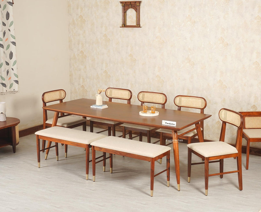 Boston Solid Wood Rattan Cane Dining Table Eight Seater Set with Bench Furniselan Brown Finish