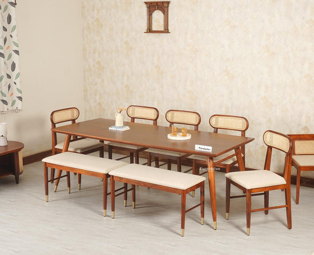 Boston Solid Wood Rattan Cane Dining Table Eight Seater Set with Bench Furniselan Brown Finish
