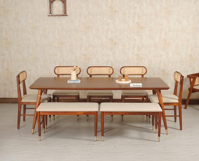 Boston Solid Wood Rattan Cane Dining Table Eight Seater Set with Bench Furniselan Brown Finish