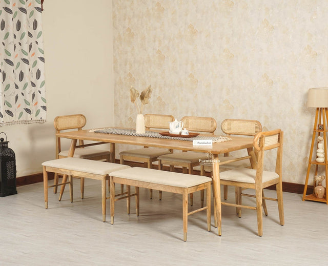 Boston Solid Wood Rattan Cane Dining Table Eight Seater Set with Bench - Dining Set - Furniselan Natural Finish