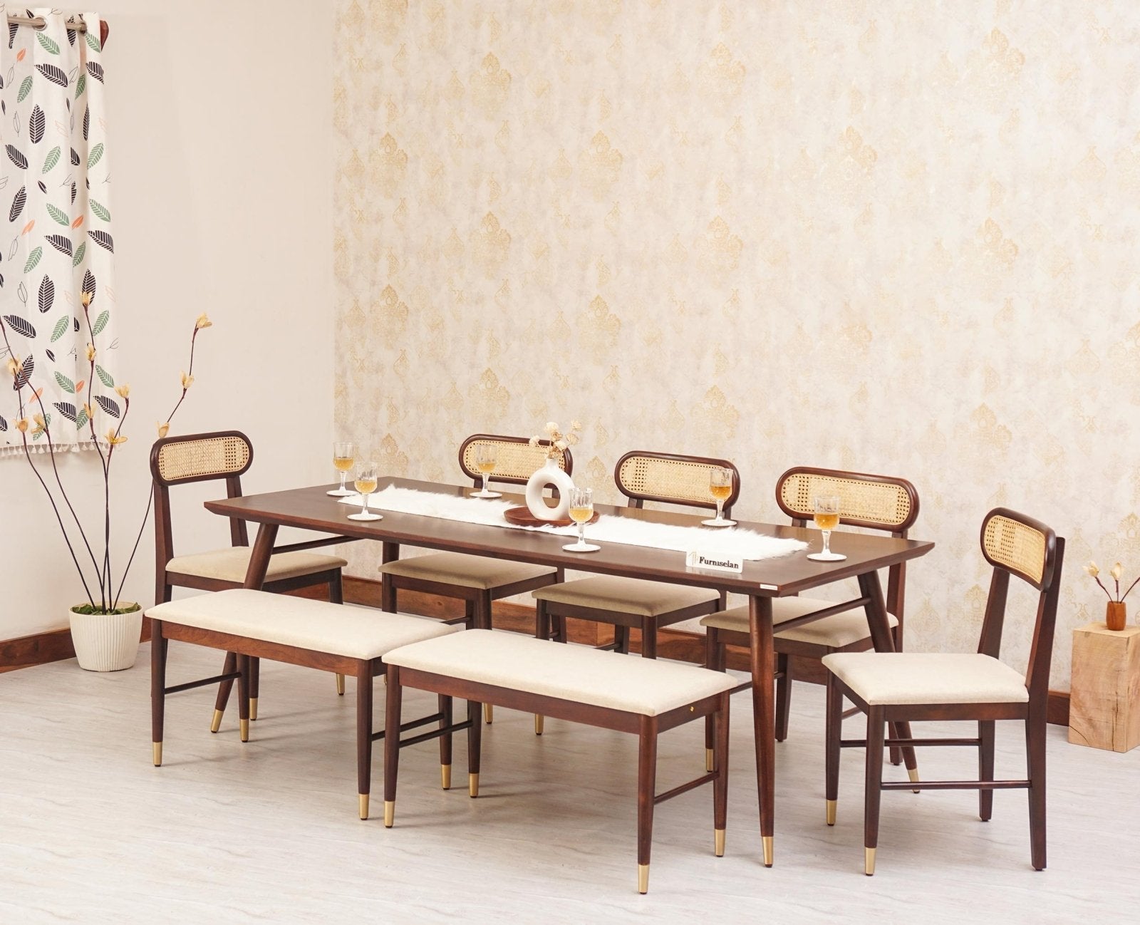 Boston Solid Wood Rattan Cane Dining Table Eight Seater Set with Bench - Dining Set - Furniselan Grey-Finish