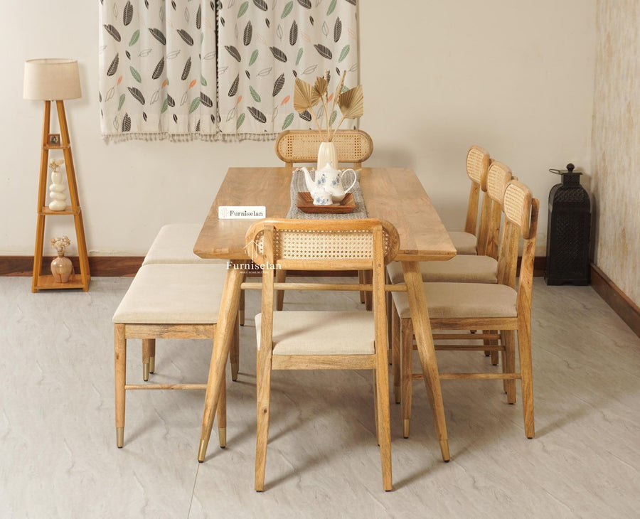 Boston Solid Wood Rattan Cane Dining Table Eight Seater Set with Bench - Dining Set - Furniselan Natural Finish