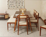 Boston Solid Wood Rattan Cane Dining Table Eight Seater Set with Bench Furniselan Brown Finish