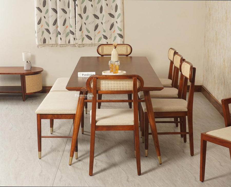 Boston Solid Wood Rattan Cane Dining Table Eight Seater Set with Bench Furniselan Brown Finish