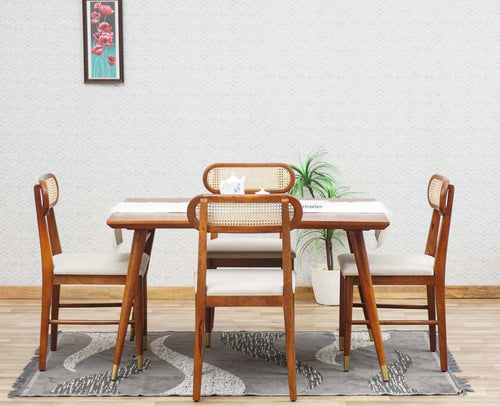 Boston Solid Wood Rattan Cane Dining Table Four Seater Set