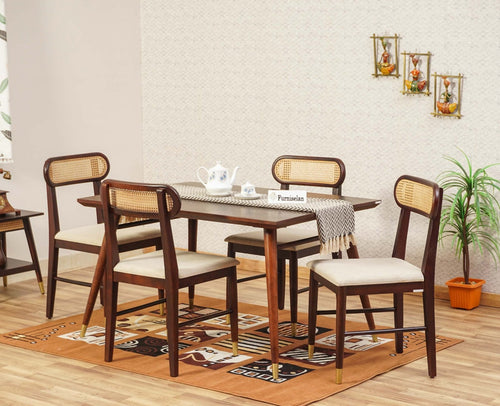 Boston Solid Wood Rattan Cane Dining Table Four Seater Set