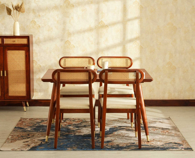 Boston Solid Wood Rattan Cane Dining Table Four Seater Set Square Furniselan Brown-Finish