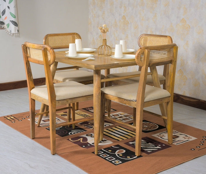 Boston Solid Wood Rattan Cane Dining Table Four Seater Set Square - Dining Set - Furniselan