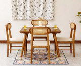 Boston Solid Wood Rattan Cane Dining Table Four Seater Set Square Furniselan Brown Finish