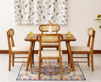Boston Solid Wood Rattan Cane Dining Table Four Seater Set Square Furniselan Brown Finish