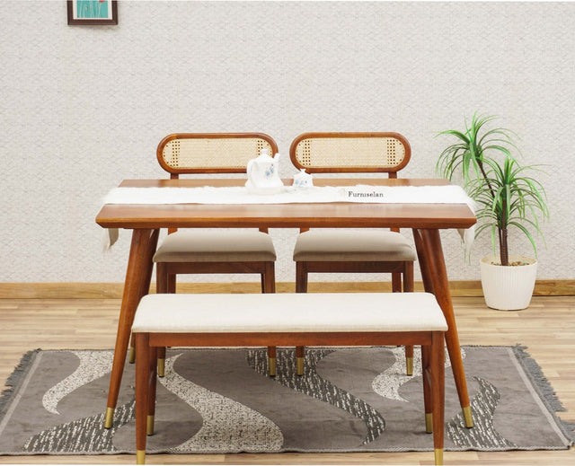 Boston Solid Wood Rattan Cane Dining Table Four Seater with Bench Furniselan Brown-Finish