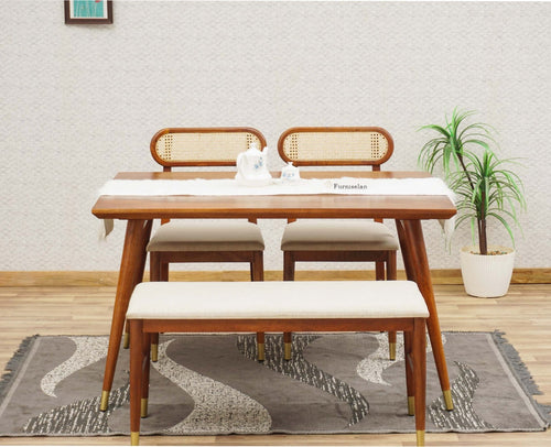 Boston Solid Wood Rattan Cane Dining Table Four Seater with Bench