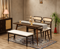 Boston Solid Wood Rattan Cane Dining Table Four Seater with Bench Furniselan Grey-Finish