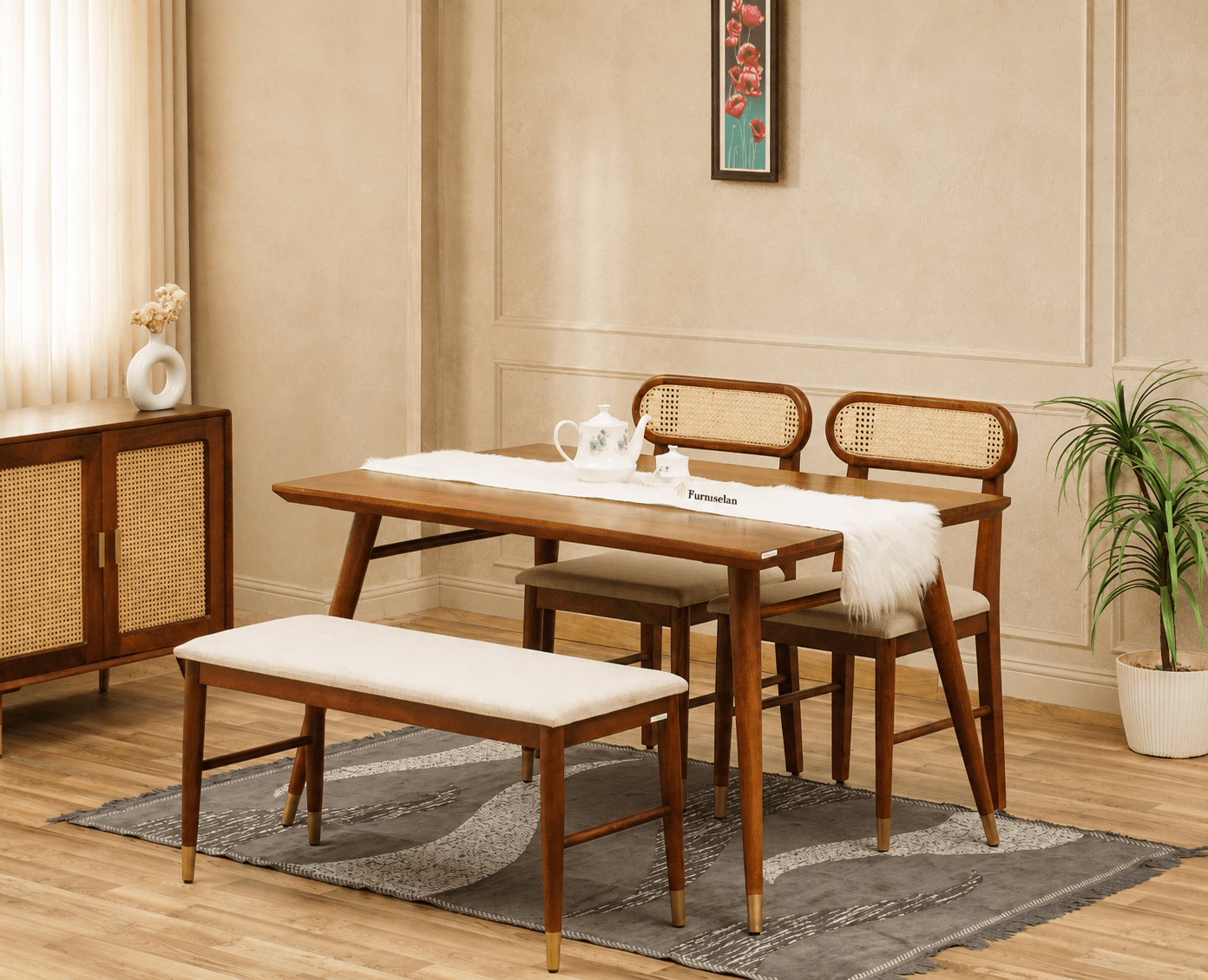 Boston Solid Wood Rattan Cane Dining Table Four Seater with Bench Furniselan Brown-Finish