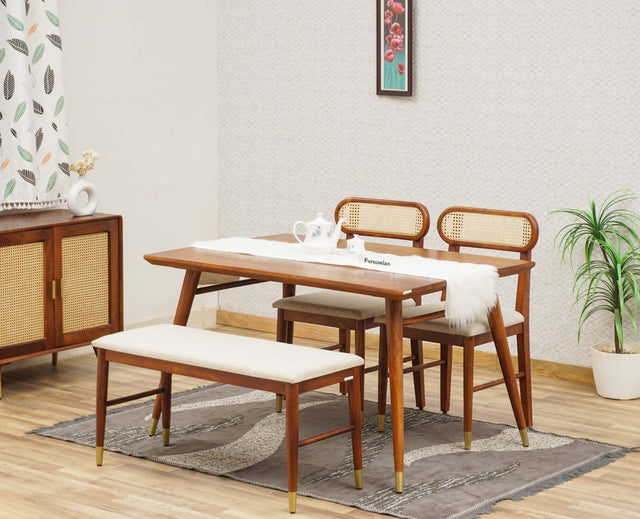 Boston Solid Wood Rattan Cane Dining Table Four Seater with Bench Furniselan Brown-Finish