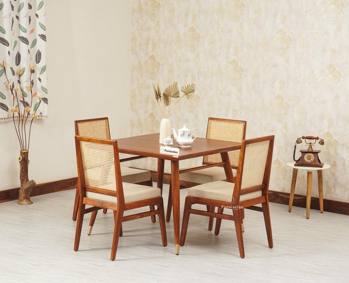 Boston Solid Wood Rattan Cane Dining Table Set Four Seater Square Furniselan Brown-Finish