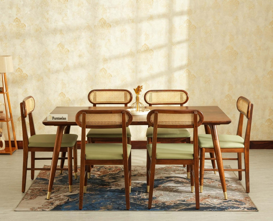 Boston Solid Wood Rattan Cane Dining Table Six Seater Set Furniselan Teak-Finish