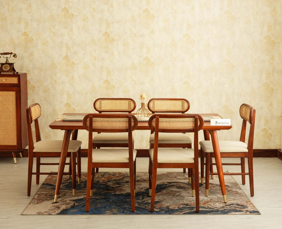 Boston Solid Wood Rattan Cane Dining Table Six Seater Set Furniselan Brown-Finish