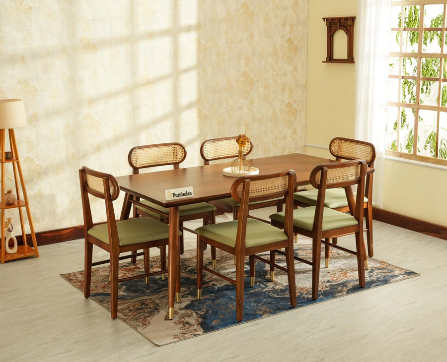Boston Solid Wood Rattan Cane Dining Table Six Seater Set Furniselan Teak-Finish