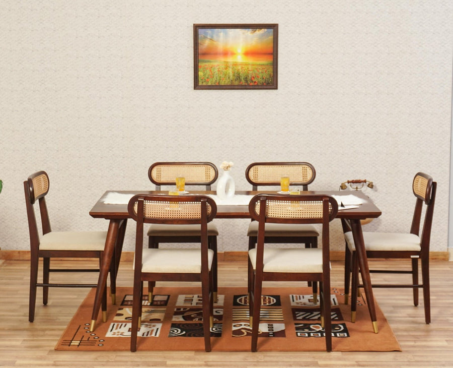 Boston Solid Wood Rattan Cane Dining Table Six Seater Set Furniselan Grey-Finish