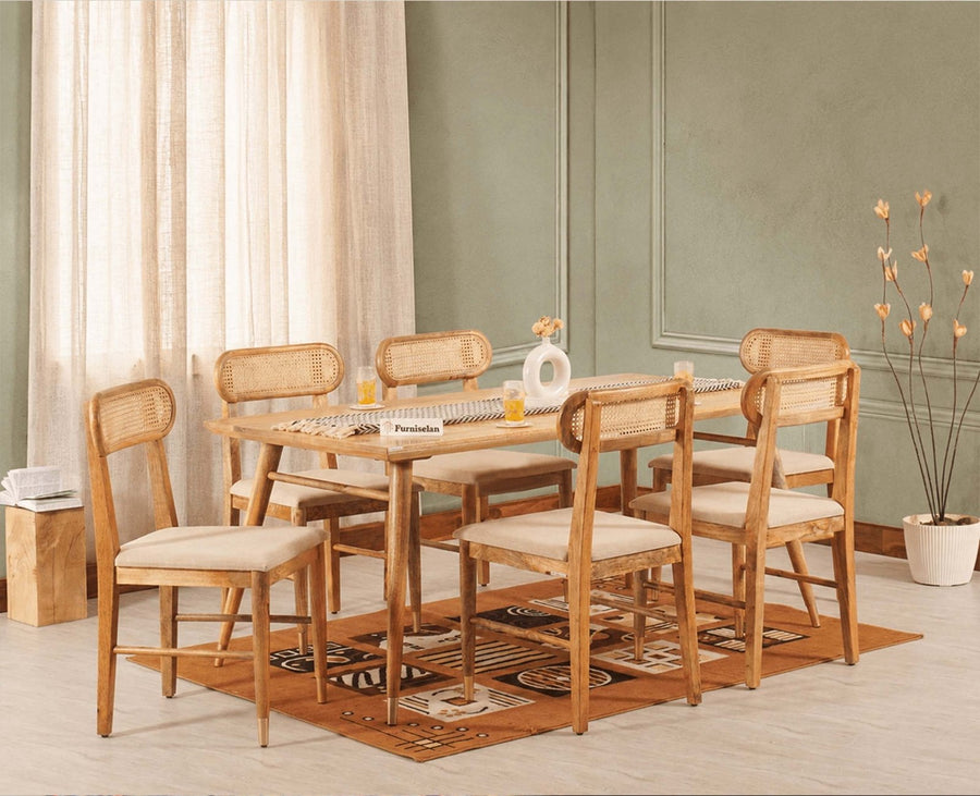 Boston Solid Wood Rattan Cane Dining Table Six Seater Set Furniselan Natural-Finish
