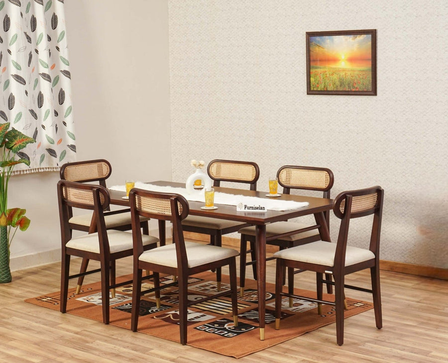 Boston Solid Wood Rattan Cane Dining Table Six Seater Set Furniselan Grey-Finish
