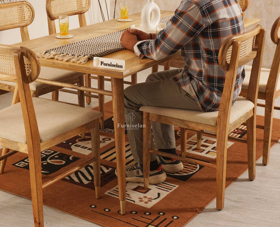 Boston Solid Wood Rattan Cane Dining Table Six Seater Set Furniselan Natural-Finish