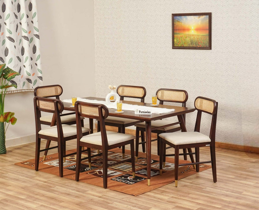 Boston Solid Wood Rattan Cane Dining Table Six Seater Set Furniselan Grey-Finish