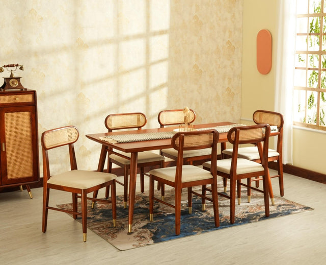 Boston Solid Wood Rattan Cane Dining Table Six Seater Set Furniselan Brown-Finish